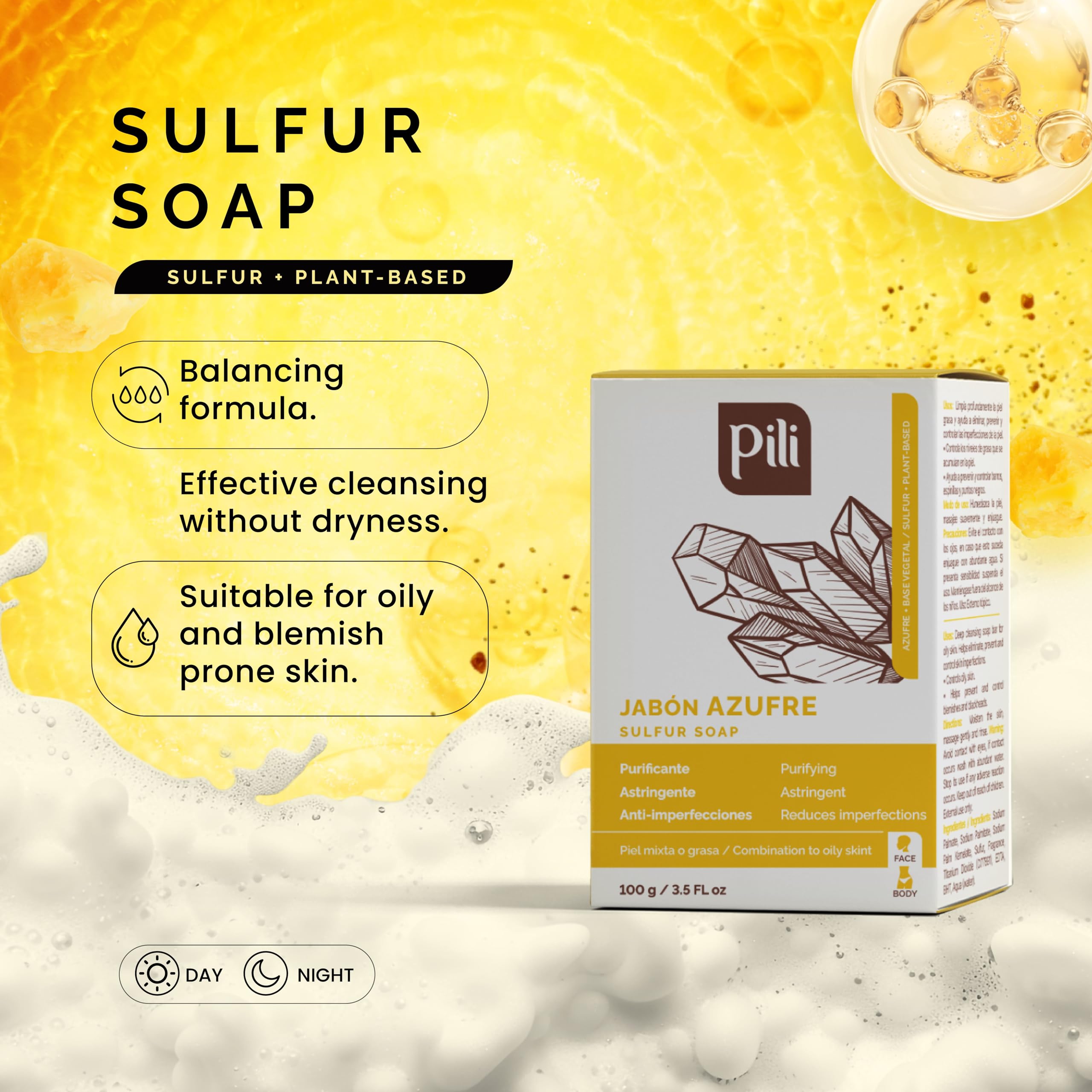 Pili Natural sulfur soap bar lather in hand illustrating gentle cleanse