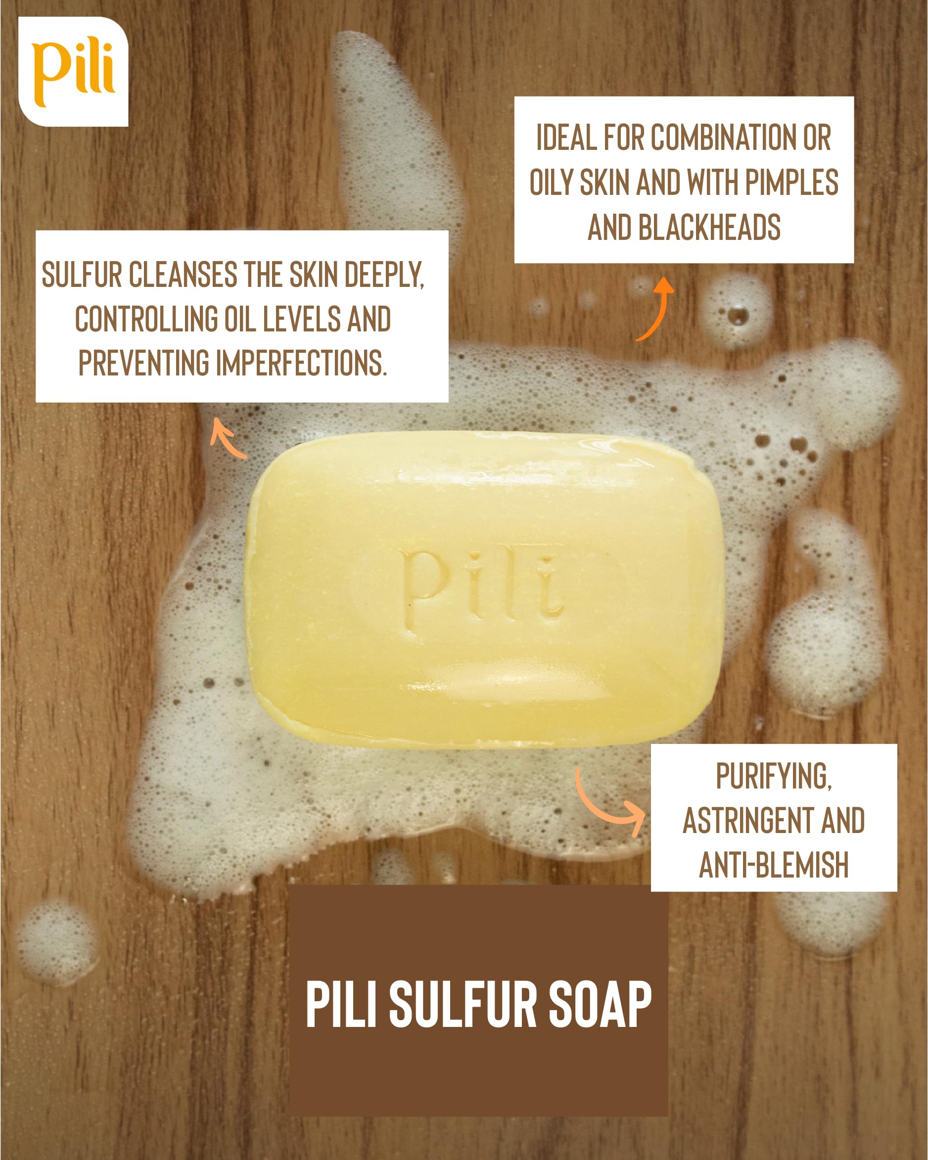 Pili Natural sulfur soap in bathroom setup for skincare routine