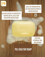 Pili Natural sulfur soap in bathroom setup for skincare routine