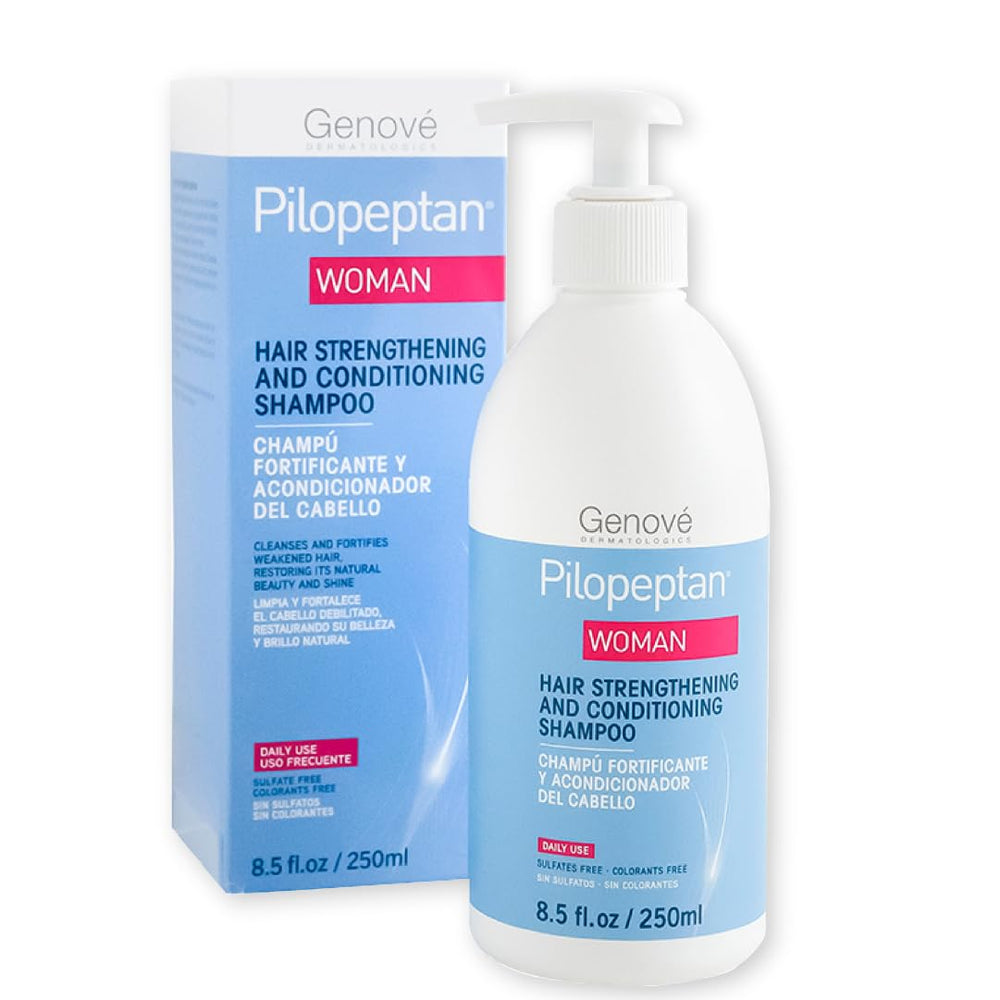 Pilopeptan Woman Shampoo bottle with pour for gentle cleansing and nourishment.