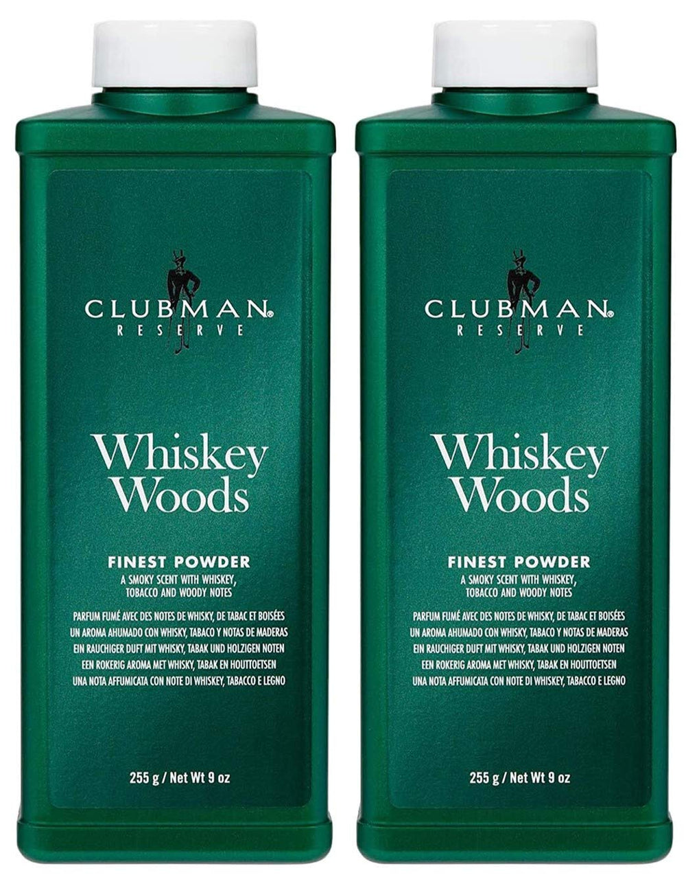 Pinaud Clubman Reserve Whiskey Woods powder jar for post-shave freshness and moisture control.