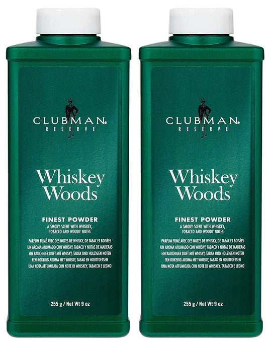 Pinaud Clubman Reserve Whiskey Woods powder jar for post-shave freshness and moisture control.