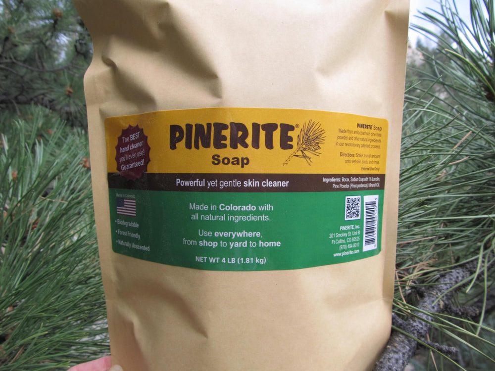 Pinerite powdered hand soap powder container emphasizes eco-friendly daily cleaning.