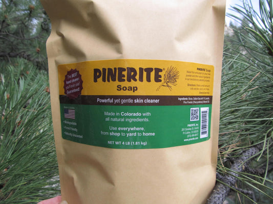 Pinerite powdered hand soap powder container emphasizes eco-friendly daily cleaning.