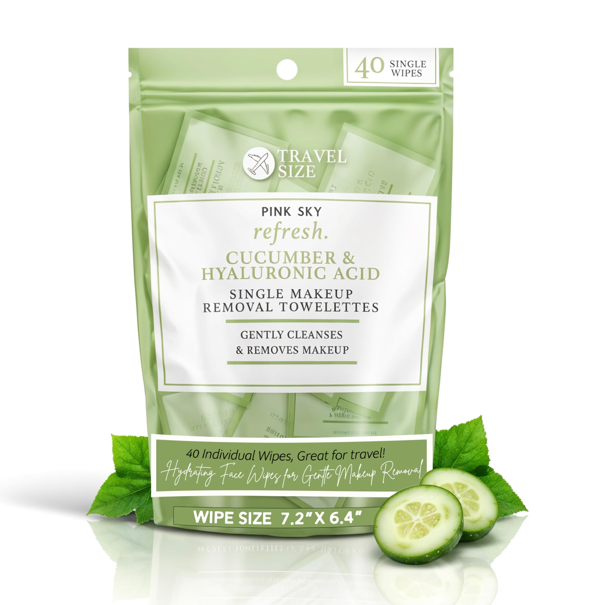 Pink Sky packaging of hyaluronic acid cucumber wipes, travel-friendly cleansing.