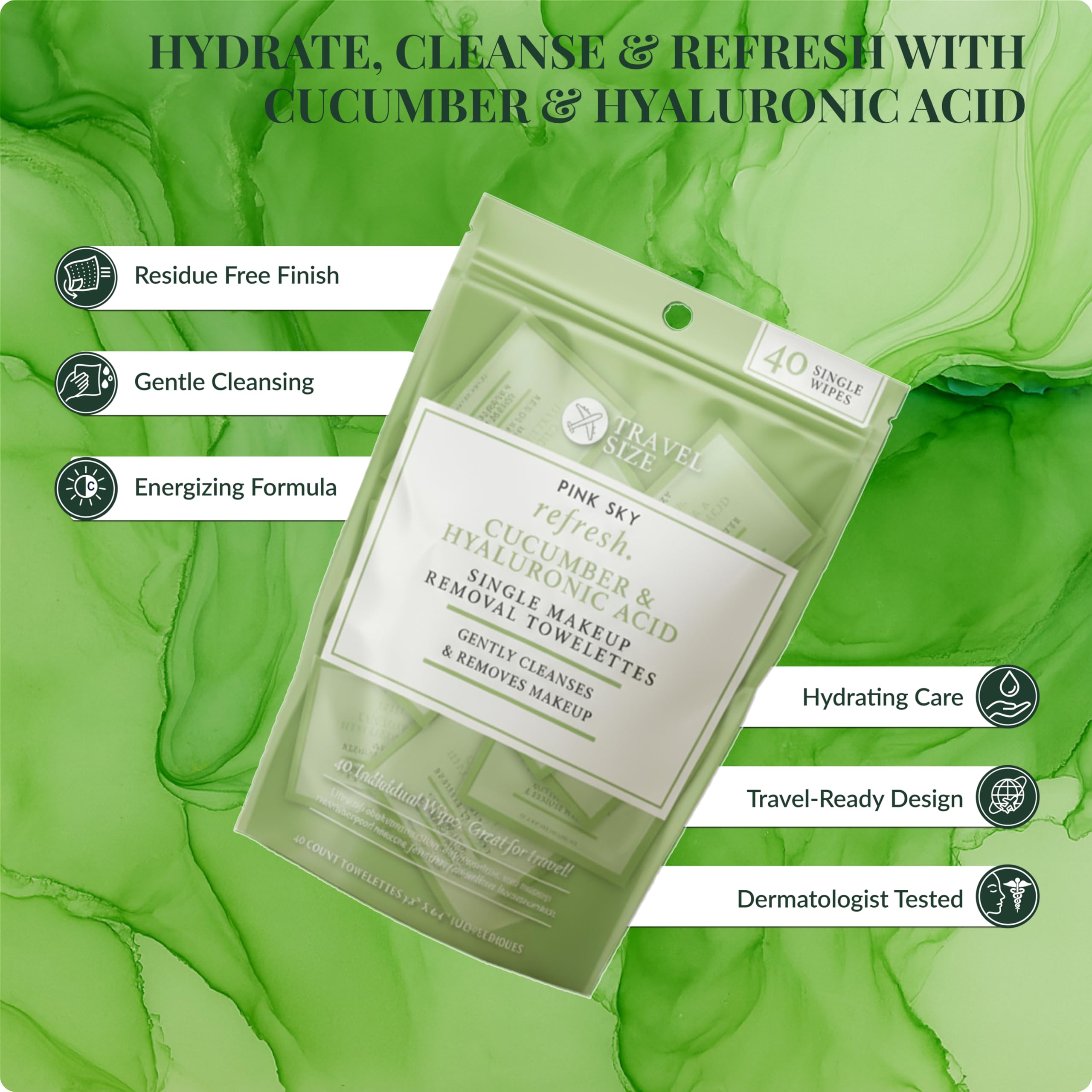Pink Sky hydrating wipes leave skin refreshed with no residue.