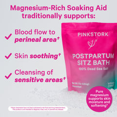 Pink Stork Dead Sea magnesium flakes close-up, mineral-rich perineal support.