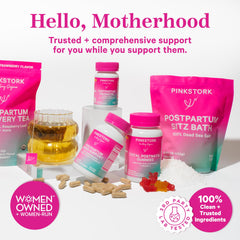 Pink Stork Postpartum Care Kit image showing sitz soak as hospital bag essential.