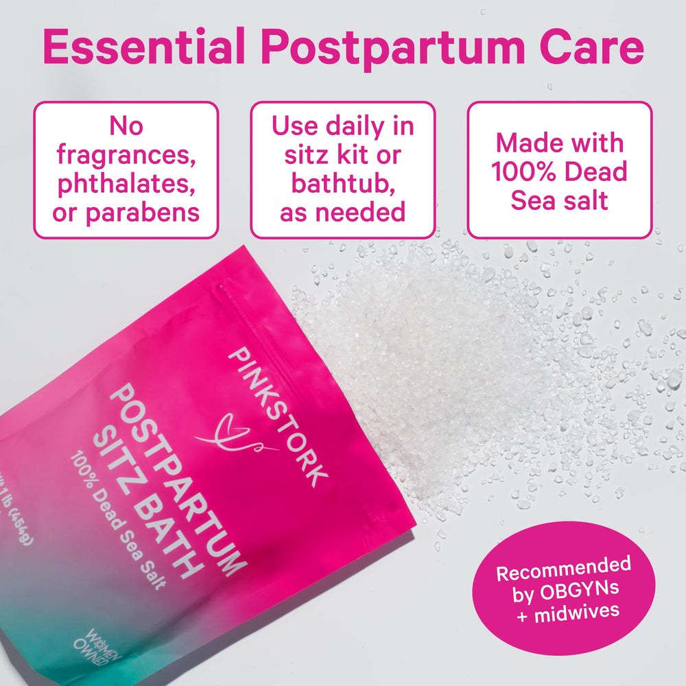 Pink Stork Postpartum Sitz Bath bottle opened, unscented formula for soothing perineal care.