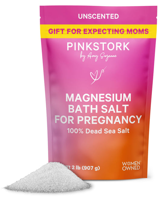Pink Stork Pregnancy Bath Soak bottle front with unscented Dead Sea magnesium flakes for relaxation