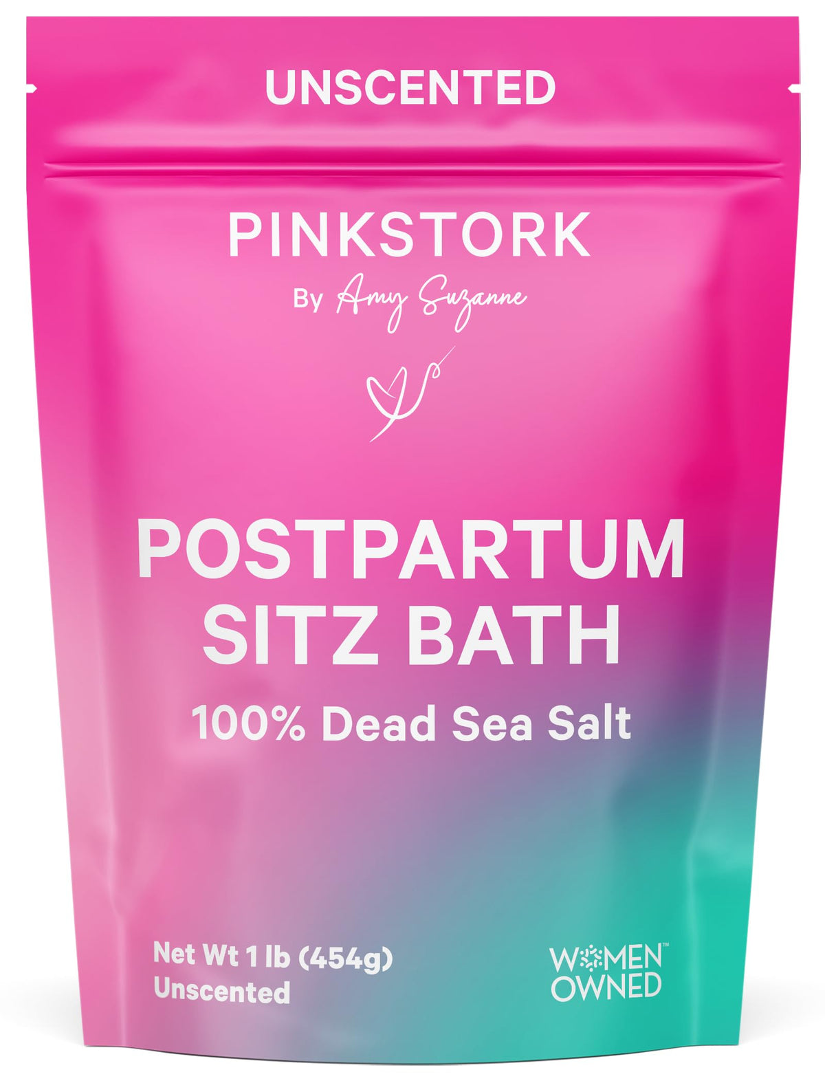 Pink Stork Postpartum Sitz Bath Soak packaging on shelf for postpartum perineal care.