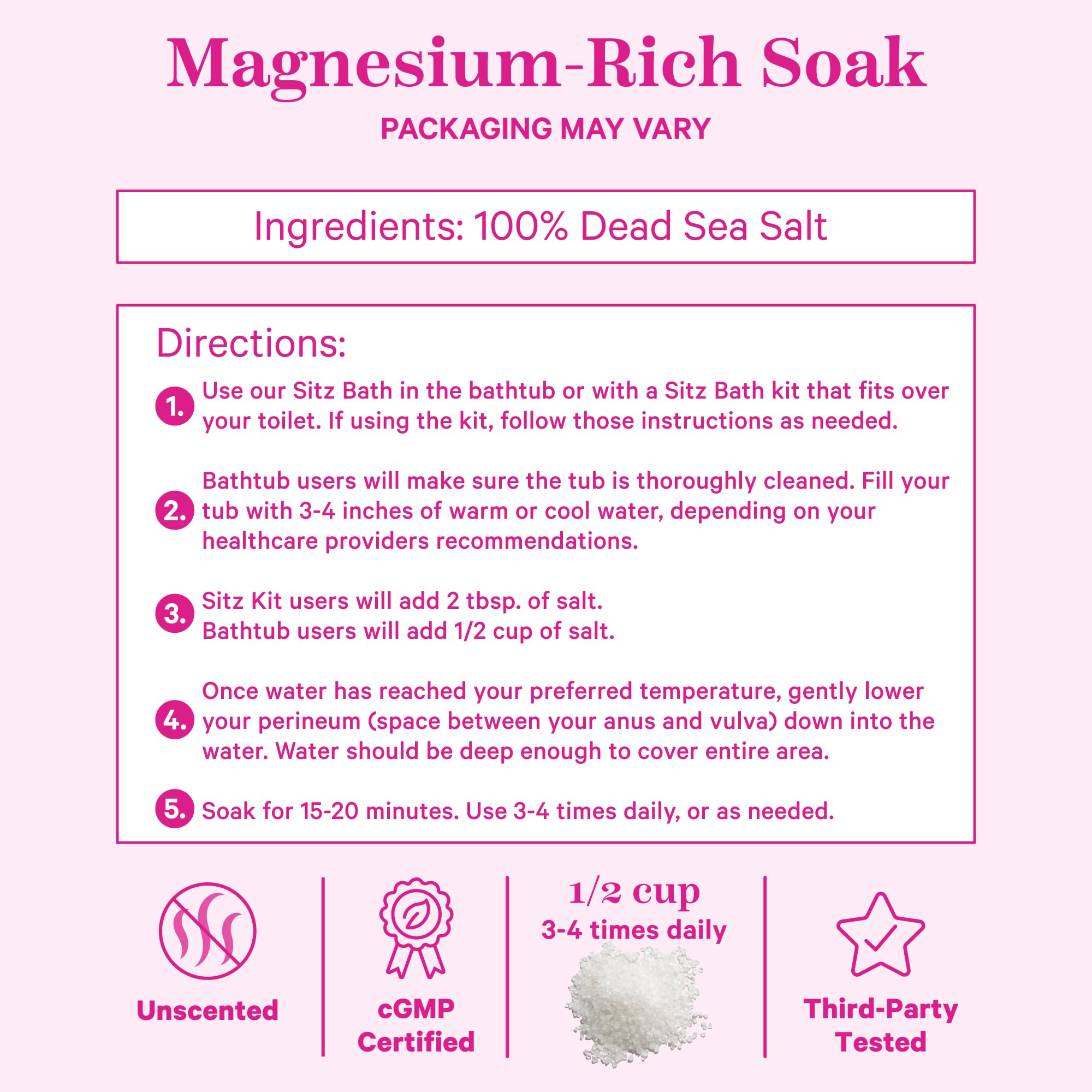 Pink Stork Unscented Sitz Bath Salt label, fragrance-free care for sensitive skin.