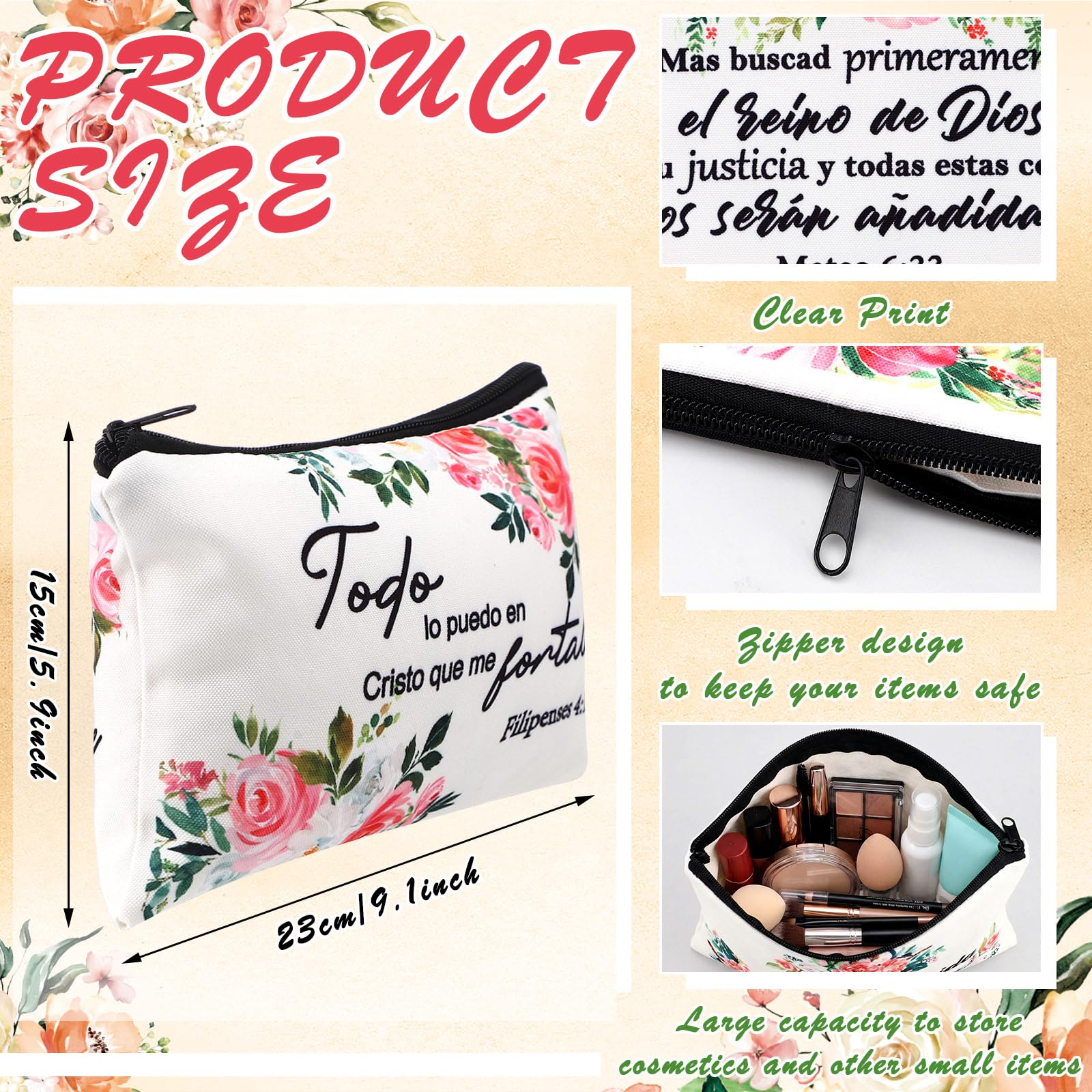 Pinkunn Spanish floral canvas makeup bag compact size stores daily essentials.