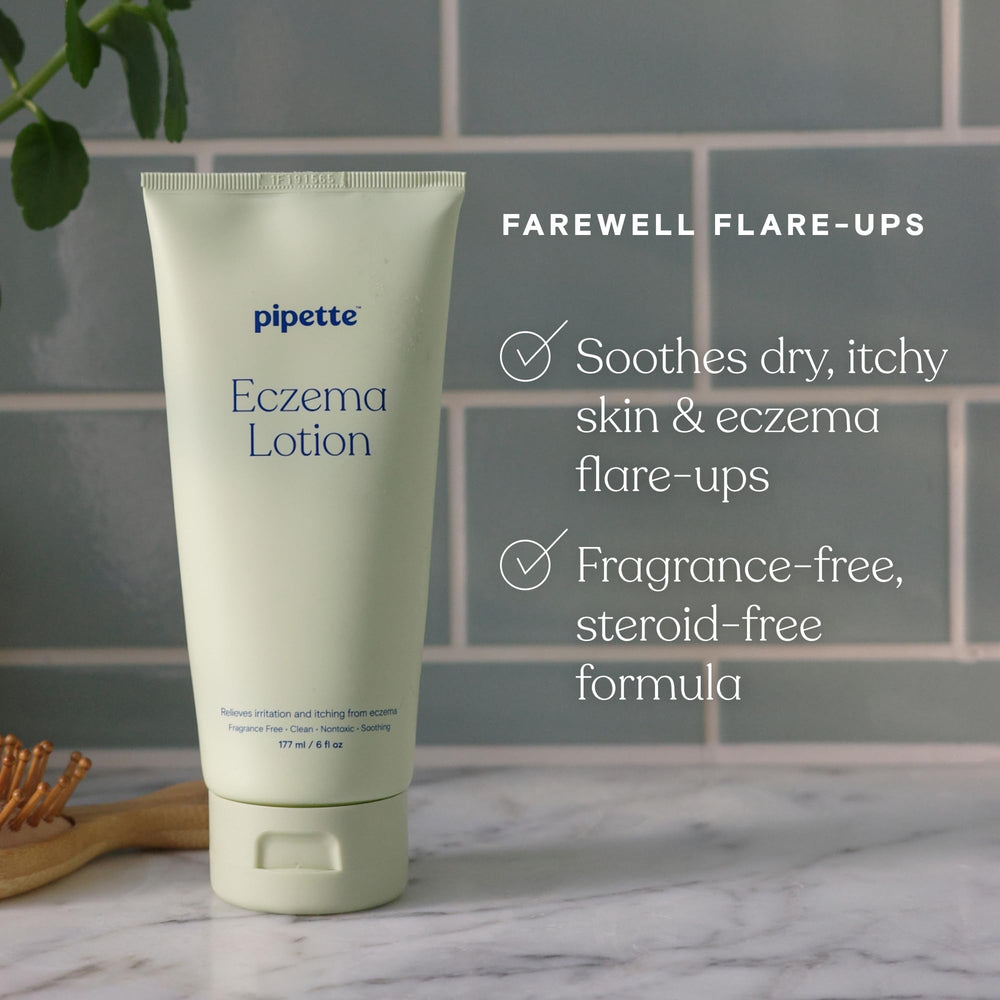 Pipette Eczema Lotion texture close-up shows creamy, non-greasy hydration