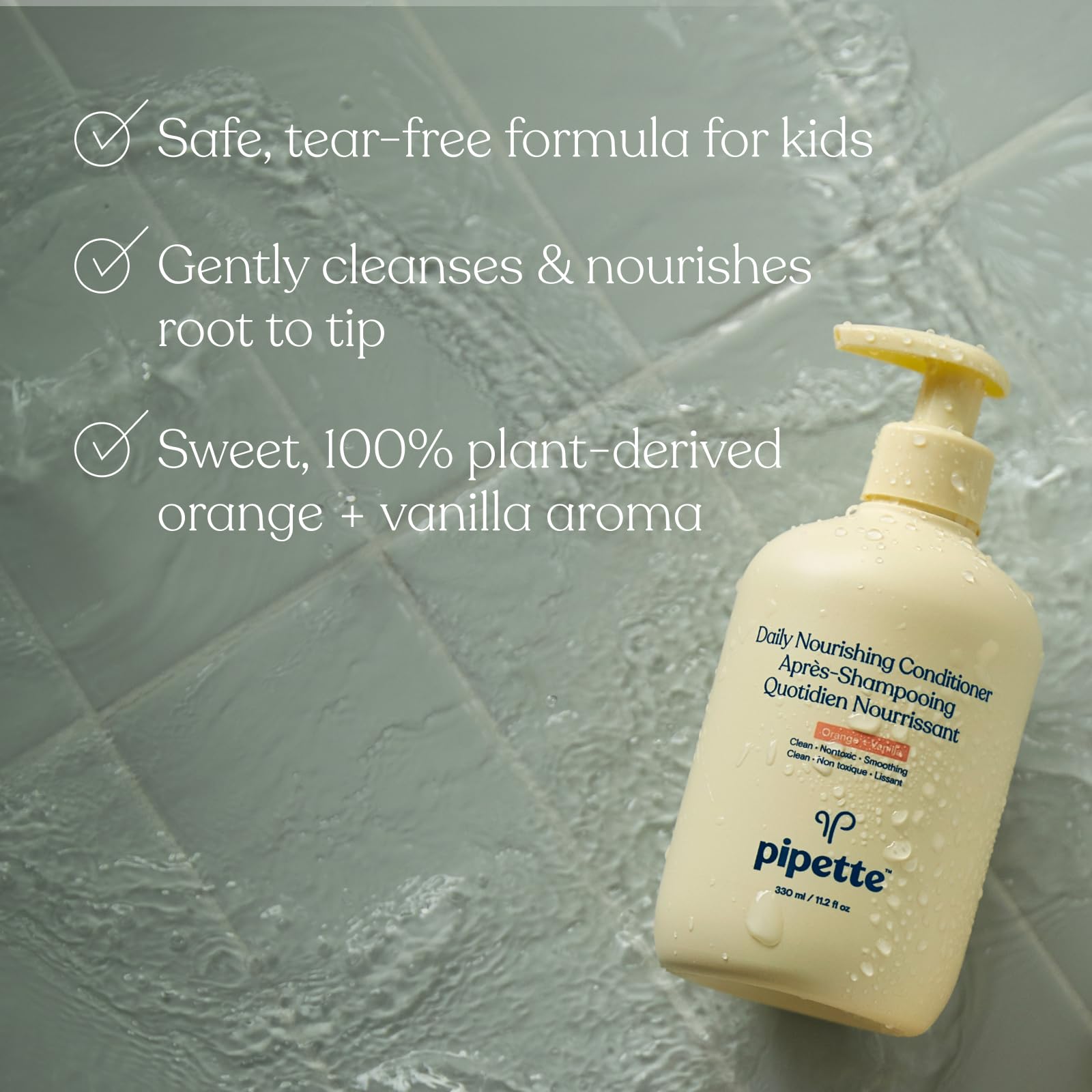 Pipette tear-free bath time scene shows gentle care for kids' hair.