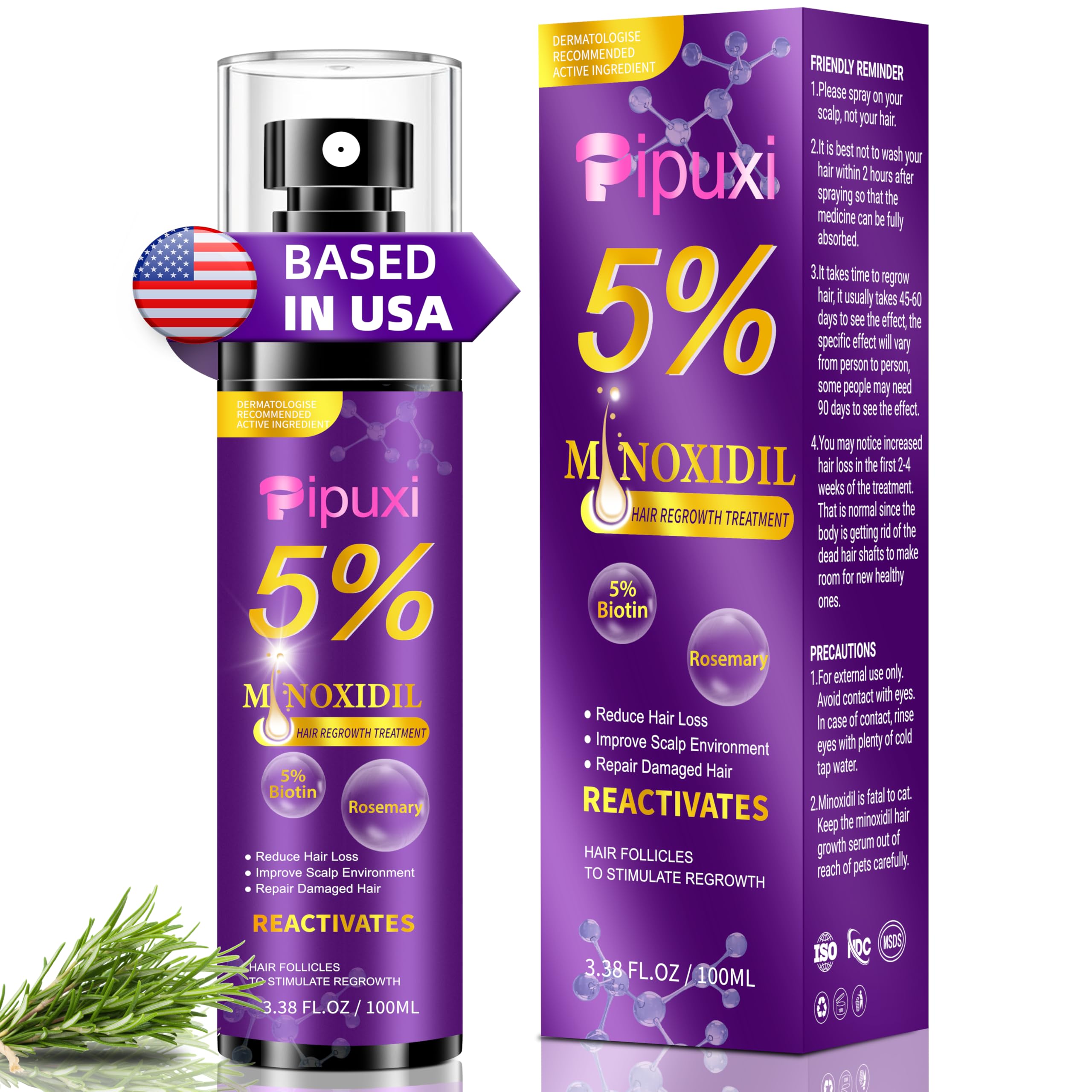 Pipuxi minoxidil spray bottle highlighting the 5% formula for hair growth support.