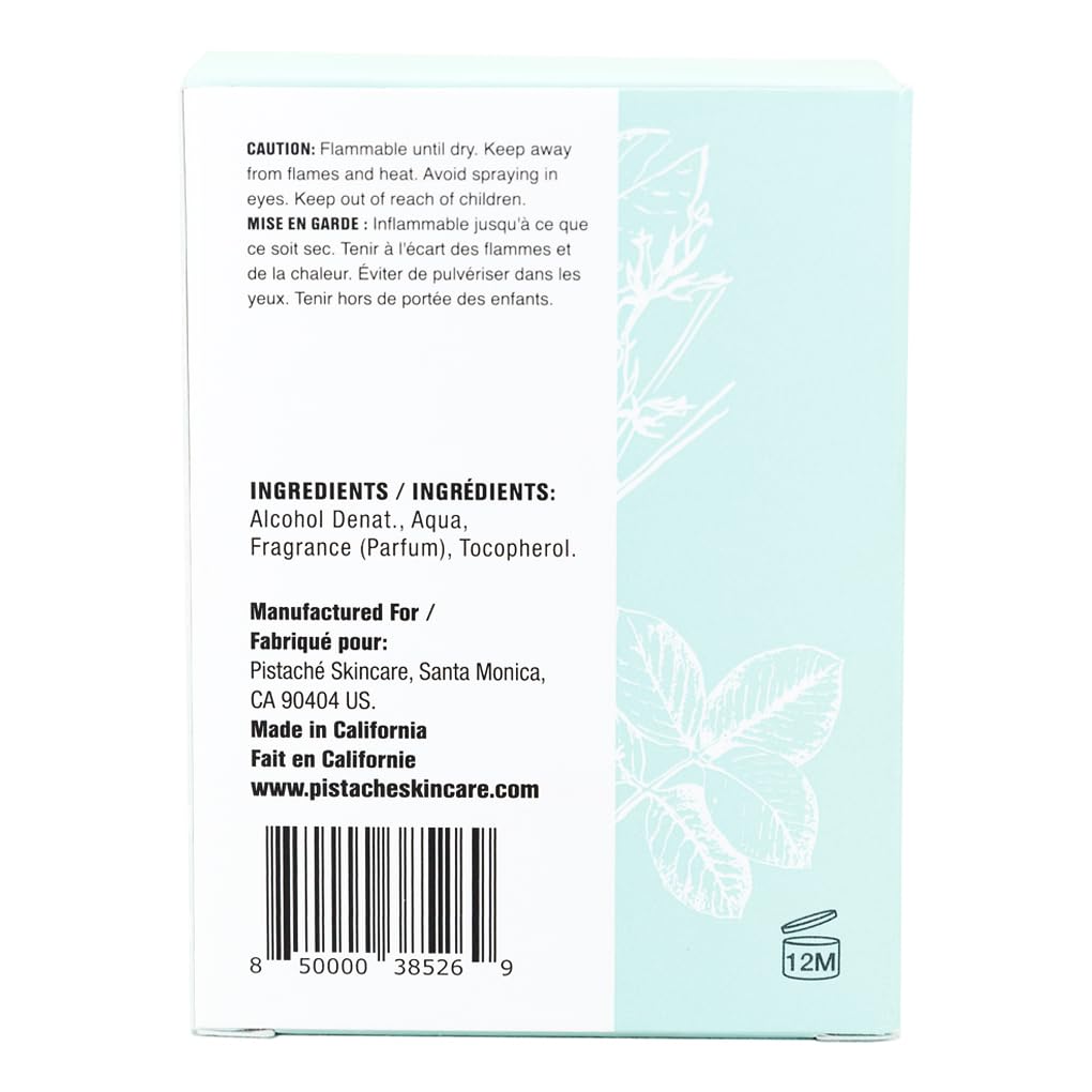 Pistaché Skincare perfume bottle label shows premium, lasting scent.