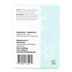 Pistaché Skincare perfume bottle label shows premium, lasting scent.