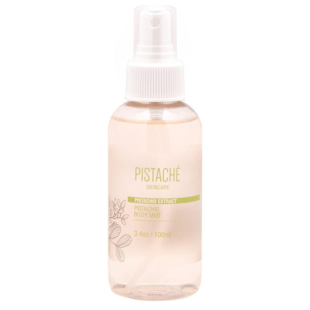 Pistache Skincare Pistachio Oil Body Mist bottle front showing sweet biscotti notes for a fresh scent.