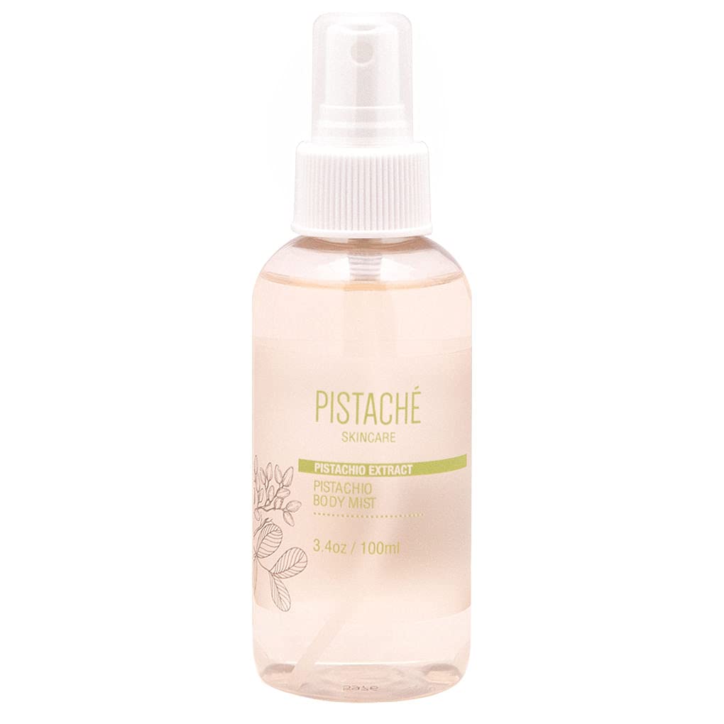 Pistache Skincare Pistachio Oil Body Mist bottle front showing sweet biscotti notes for a fresh scent.
