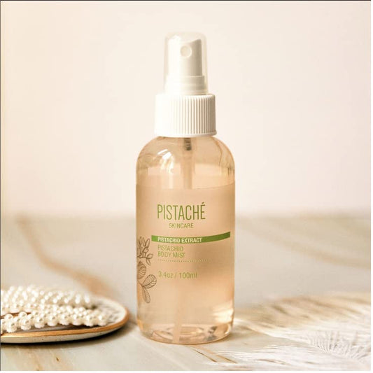 Pistachio Oil Body Mist spray application shows quick refresh on skin.