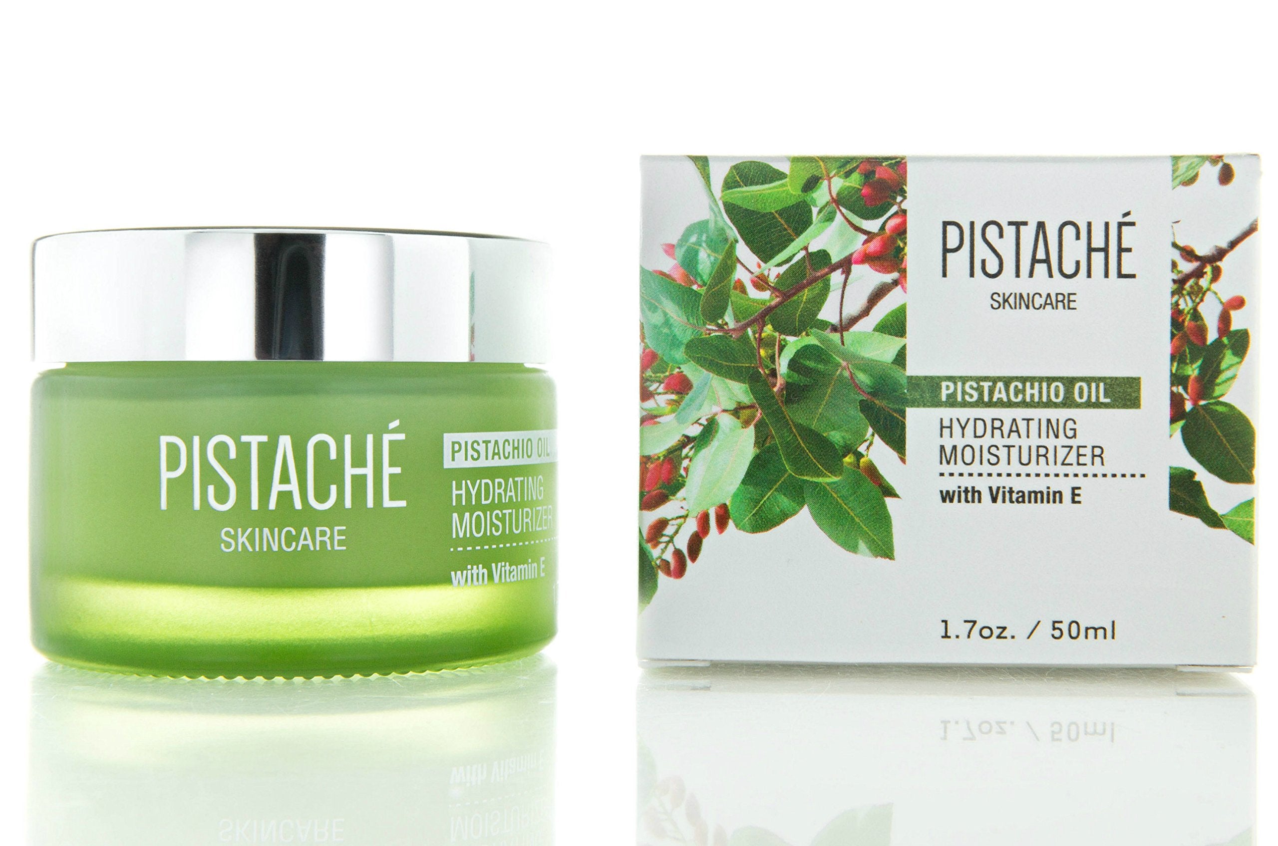 Pistaché Skincare ingredient panel highlights pistachio oil and vitamin E for nourishment.