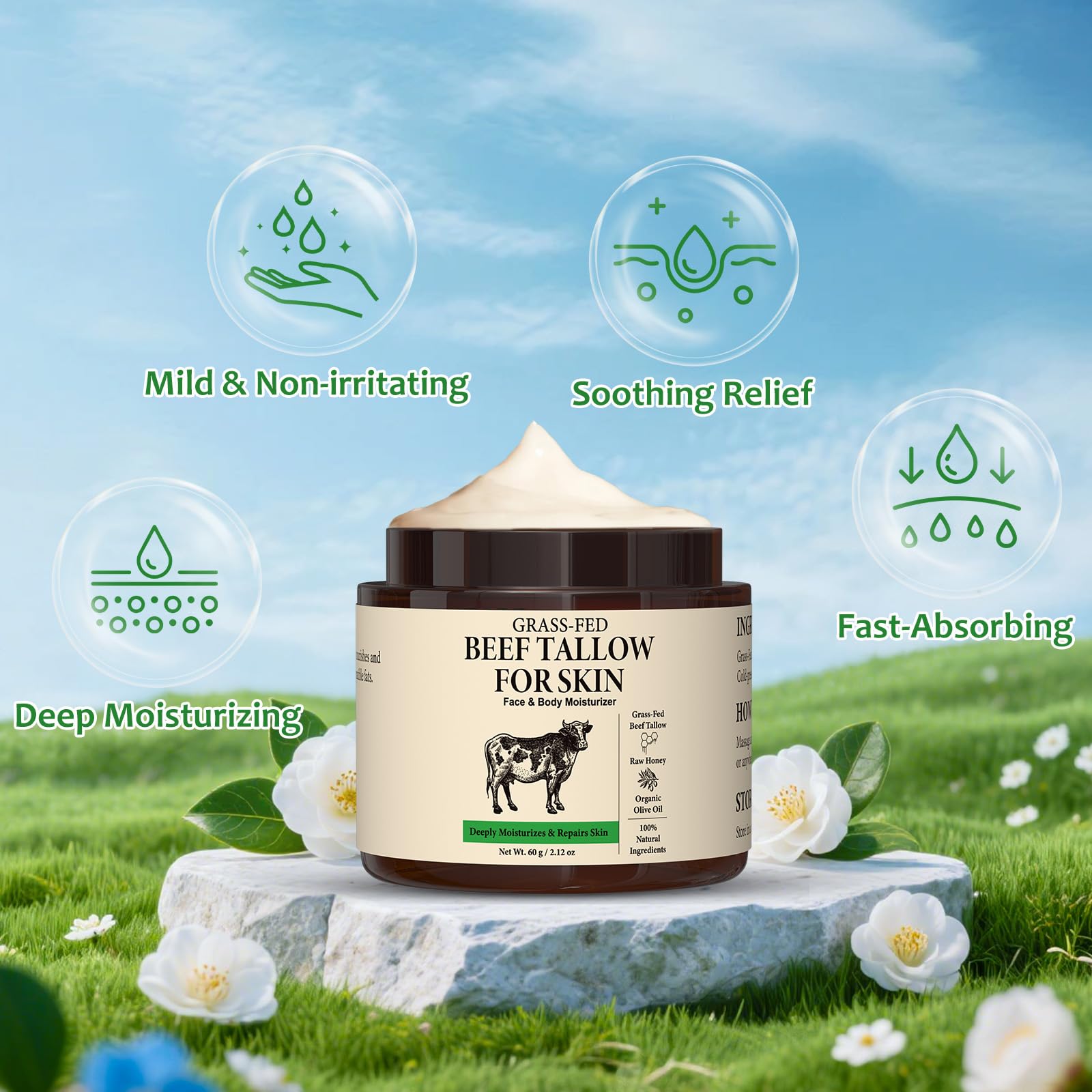 Pixellon Beef Tallow Honey Balm on the face provides gentle nourishment.