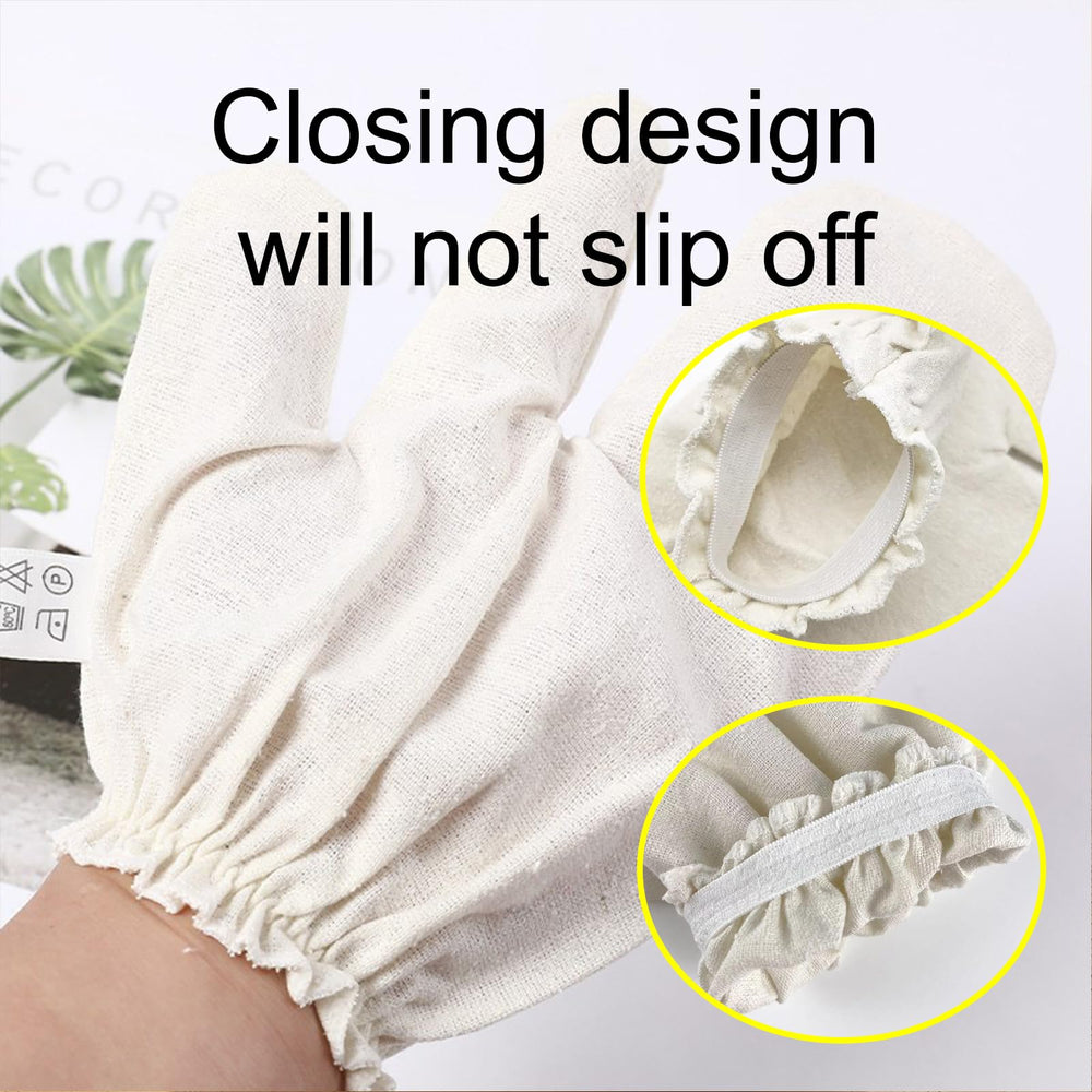 Gloves in use for dry brushing and exfoliation