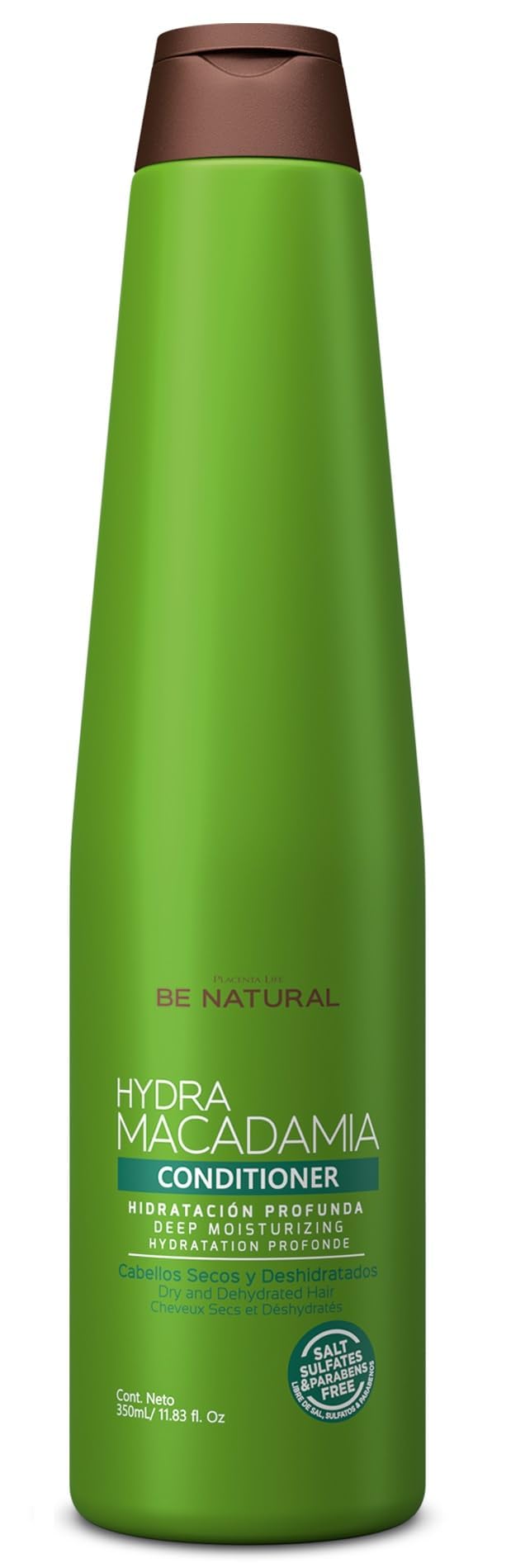 Placenta Life Be Natural Hydra Macadamia conditioner label highlighting clean, gentle formula.