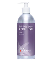 Plaine Products Citrus Lavender shampoo bottle with pump for sustainable hair care.
