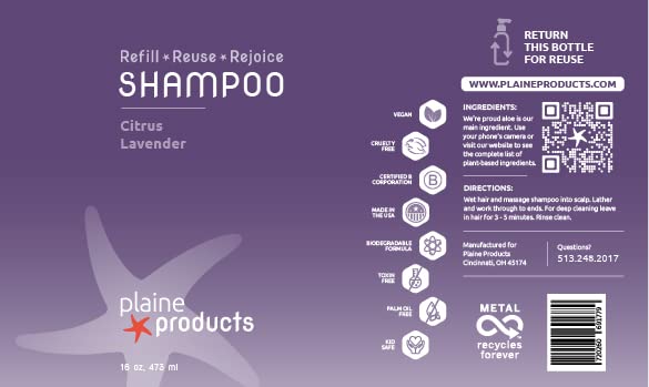 Plaine Products Citrus Lavender shampoo lifestyle shot showing healthy, hydrated hair care routine.