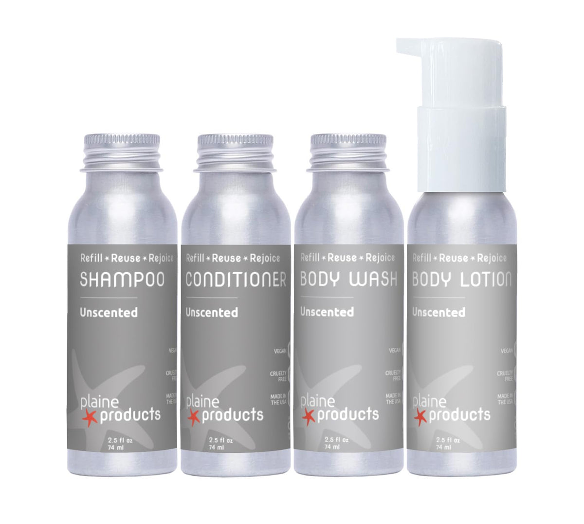 Plaine Products travel-size shampoo bottle, refillable, eco-friendly and gentle cleansing.