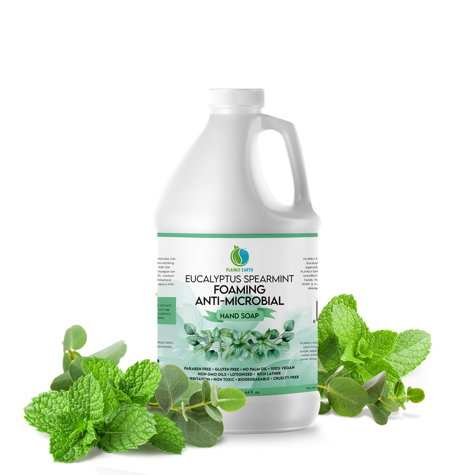 Plainly Earth antimicrobial hand soap bottle with foaming action for refreshed hands.