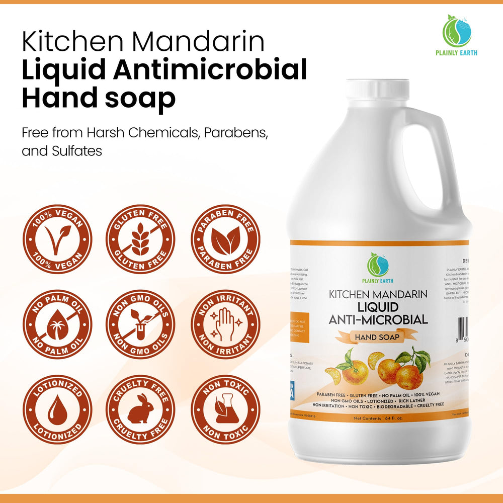 Plainly Earth antimicrobial hand soap 64oz refill bulk close-up.