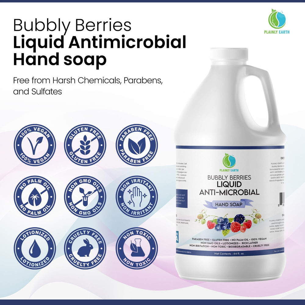 Plainly Earth hand soap pump shown in a kitchen setting for frequent handwashing.