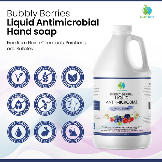 Plainly Earth hand soap pump shown in a kitchen setting for frequent handwashing.
