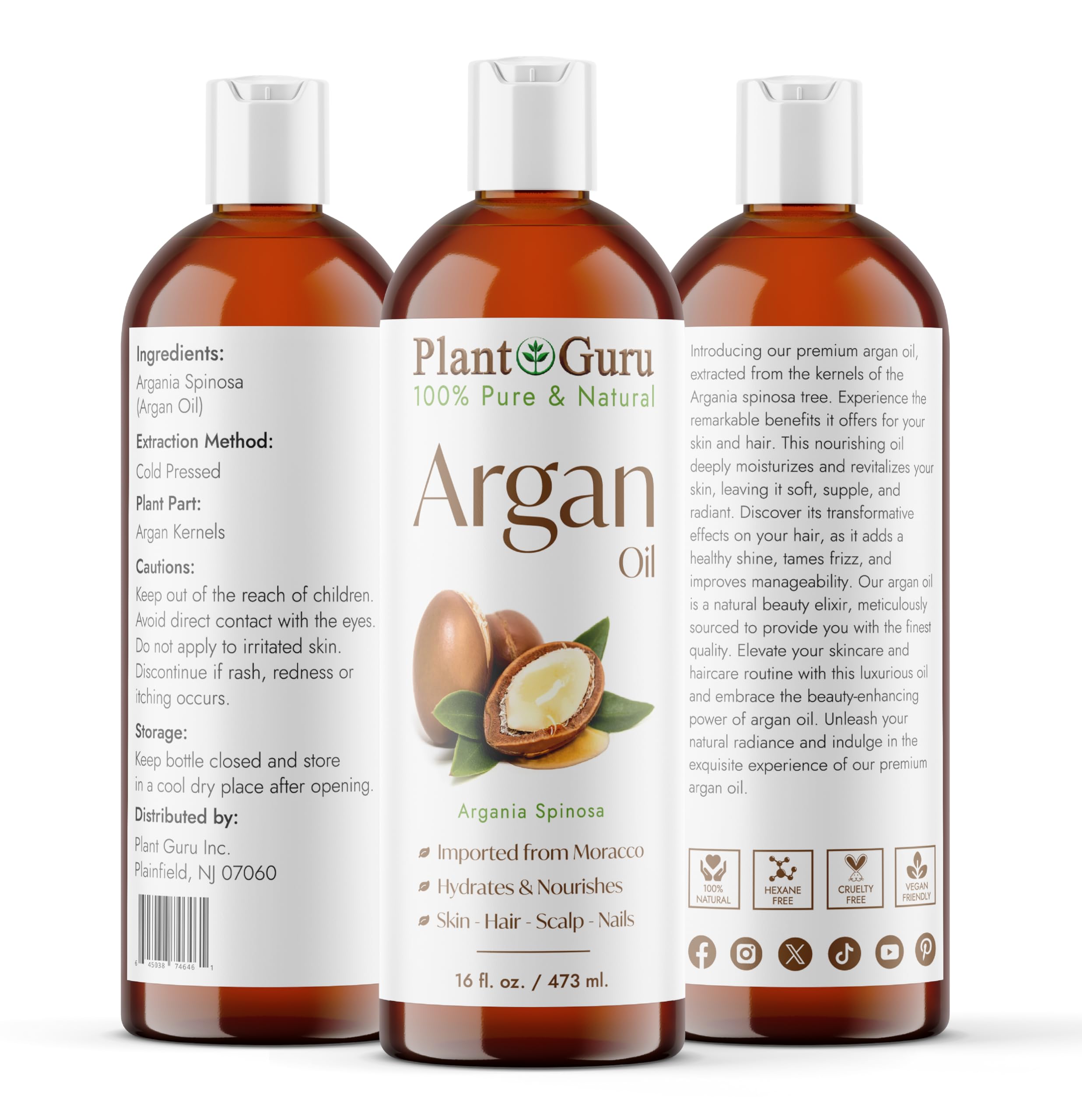 Plant Guru Argan Oil close-up bottle highlights purity for everyday nourishment.