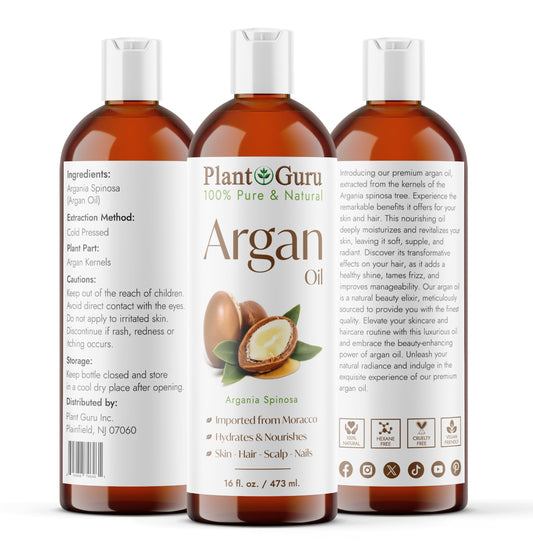 Plant Guru Argan Oil close-up bottle highlights purity for everyday nourishment.