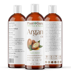 Plant Guru Argan Oil close-up bottle highlights purity for everyday nourishment.