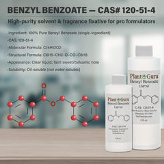Label view of Plant Guru Benzyl Benzoate USP grade packaging