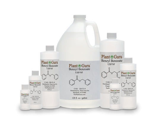 Closeup of Plant Guru Benzyl Benzoate liquid pour for formulation work
