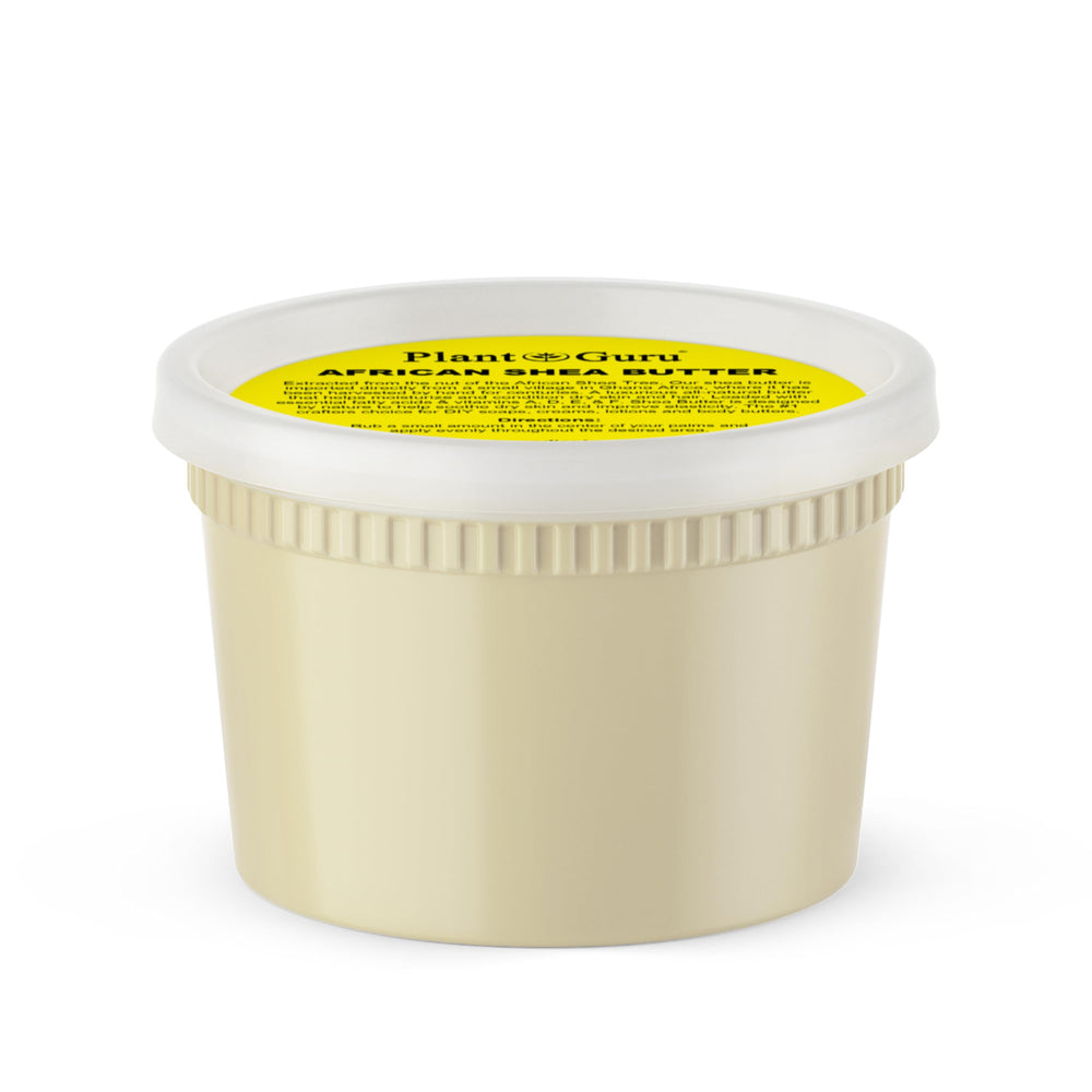 Plant Guru raw african shea butter packaging highlights pure moisture for skin and hair.