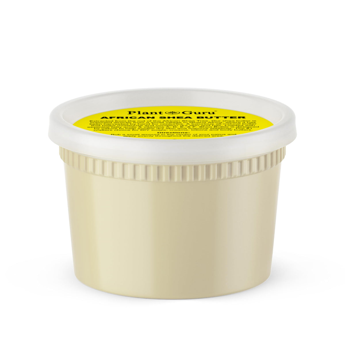 Plant Guru raw african shea butter packaging highlights pure moisture for skin and hair.