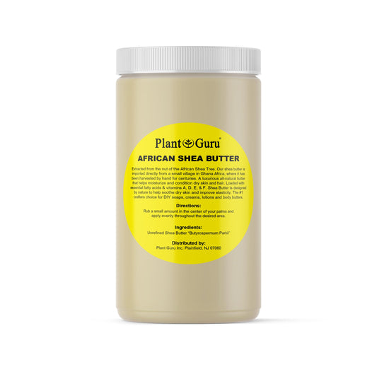 Plant Guru Raw African Shea Butter 32oz jar provides deep moisture for dry skin.
