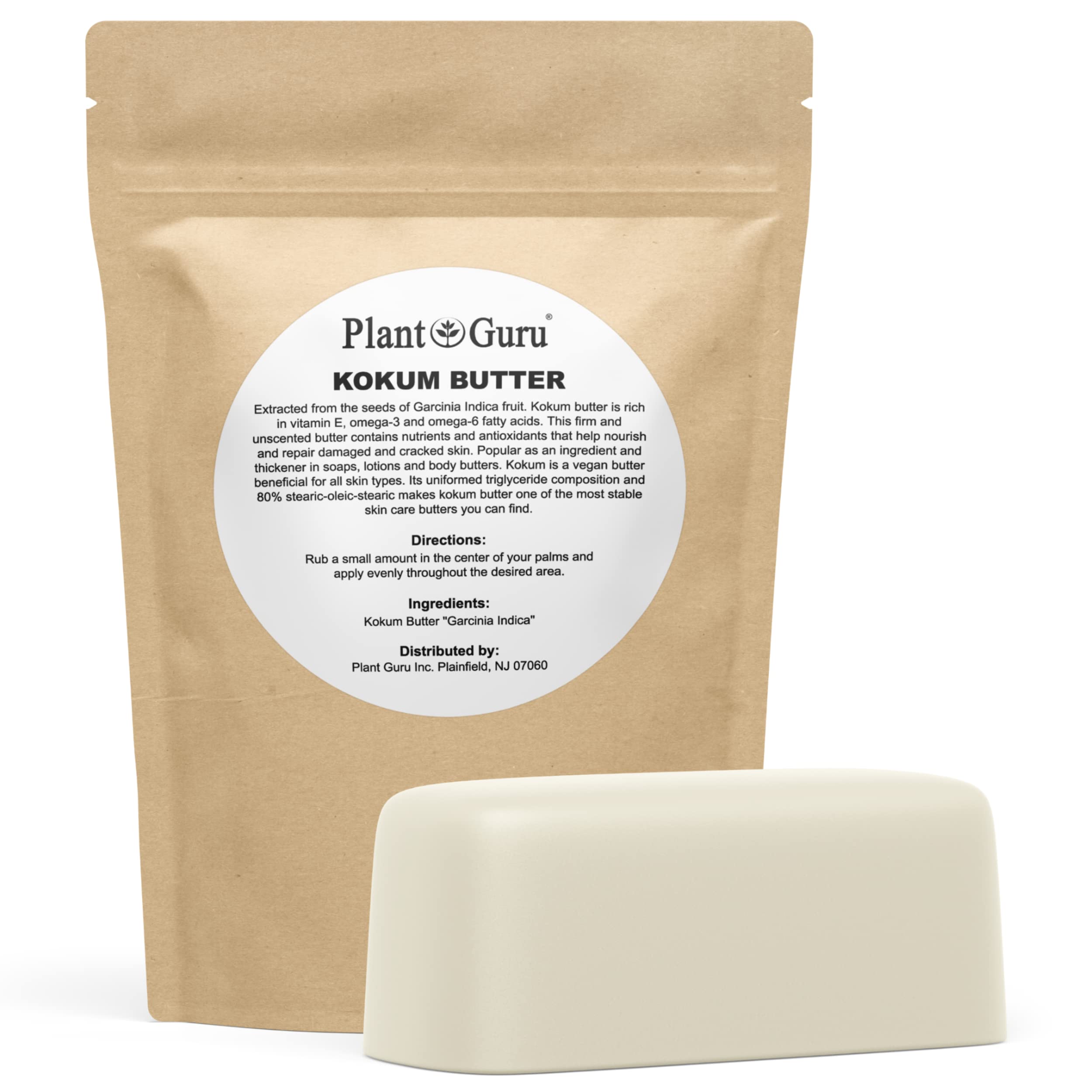 Plant Guru Kokum Butter 1lb bar close-up, rich texture for skin care.