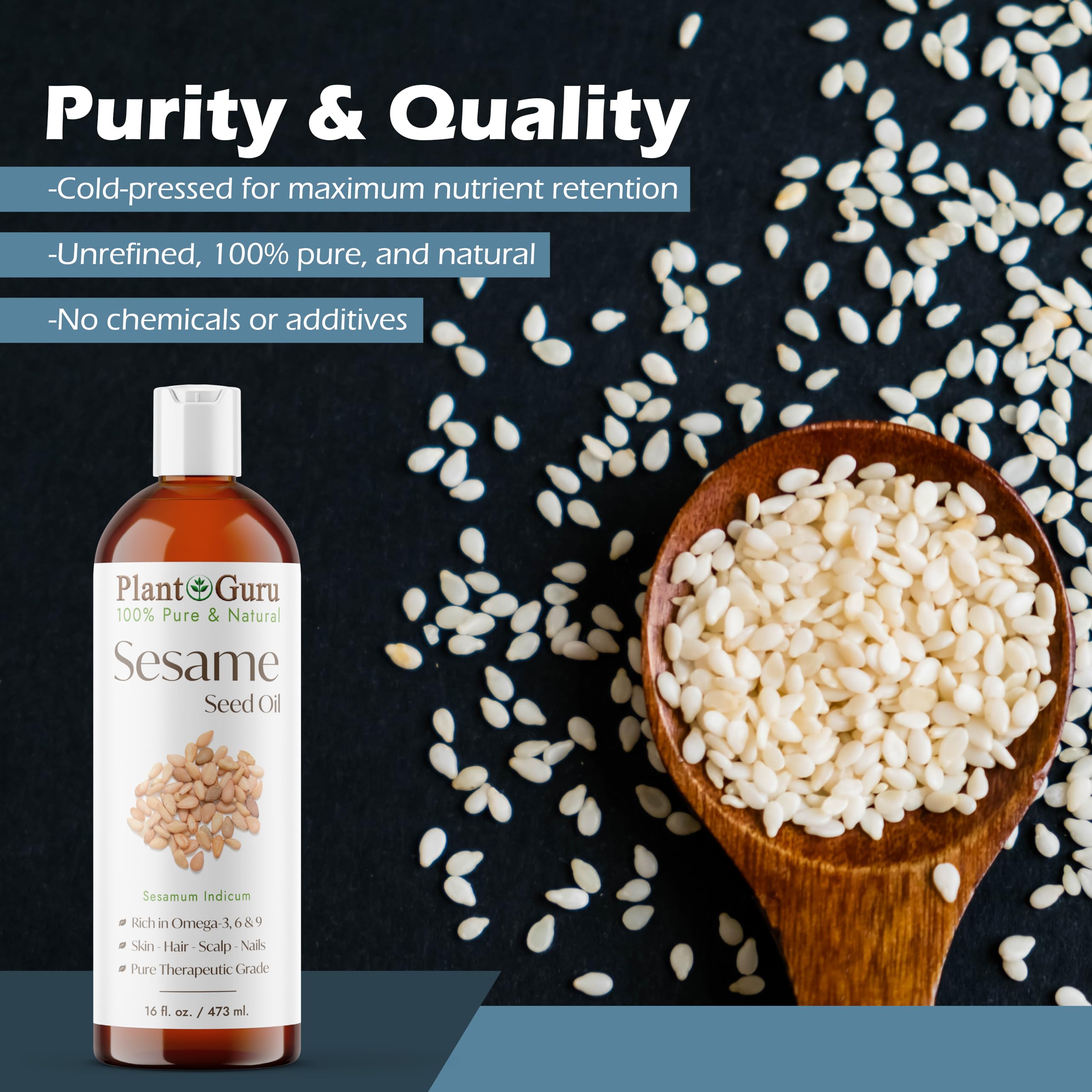 Plant Guru Sesame Seed Oil packaging emphasizing pure, hexane-free formula