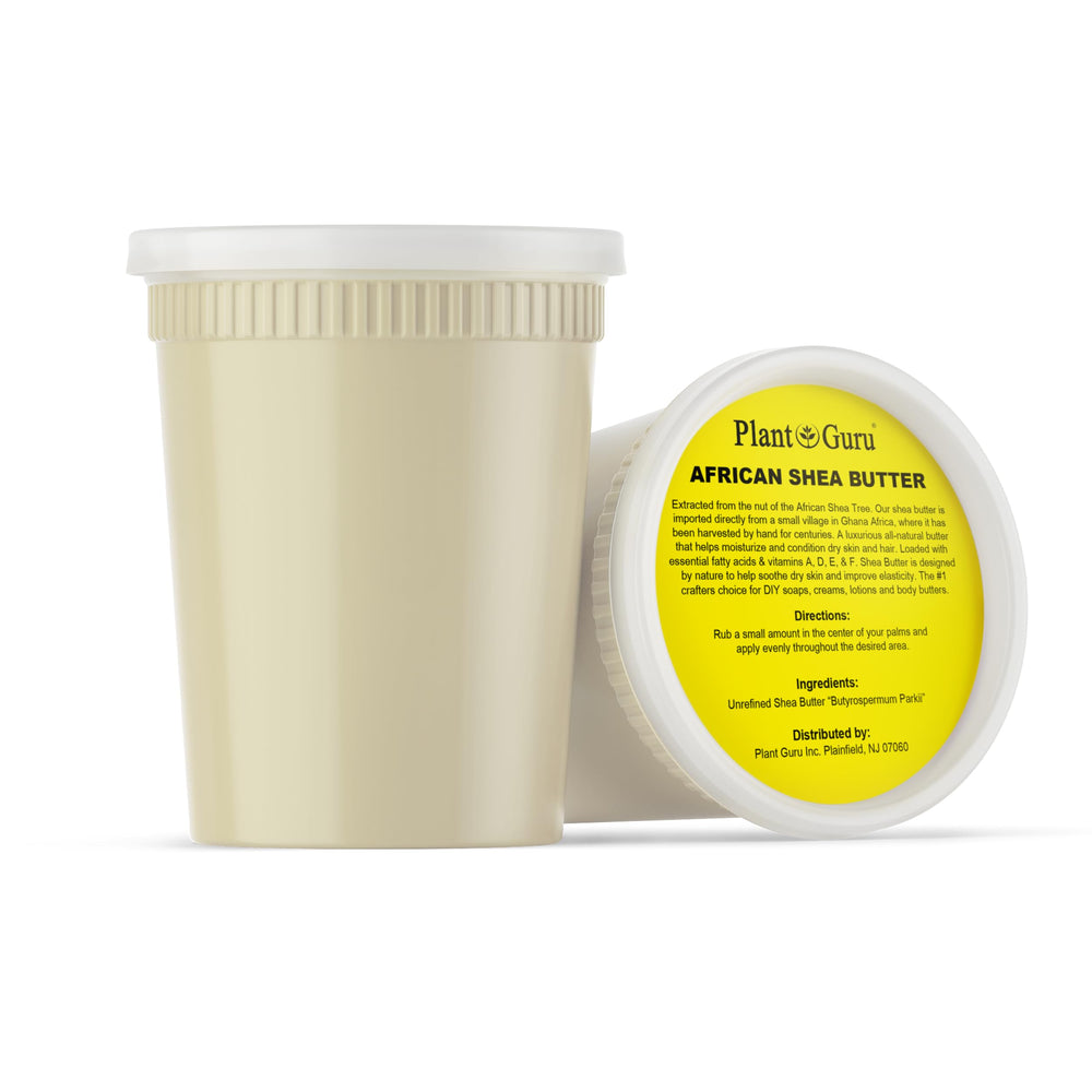 Plant Guru Ghana-imported ivory-colored shea butter jar for daily care.