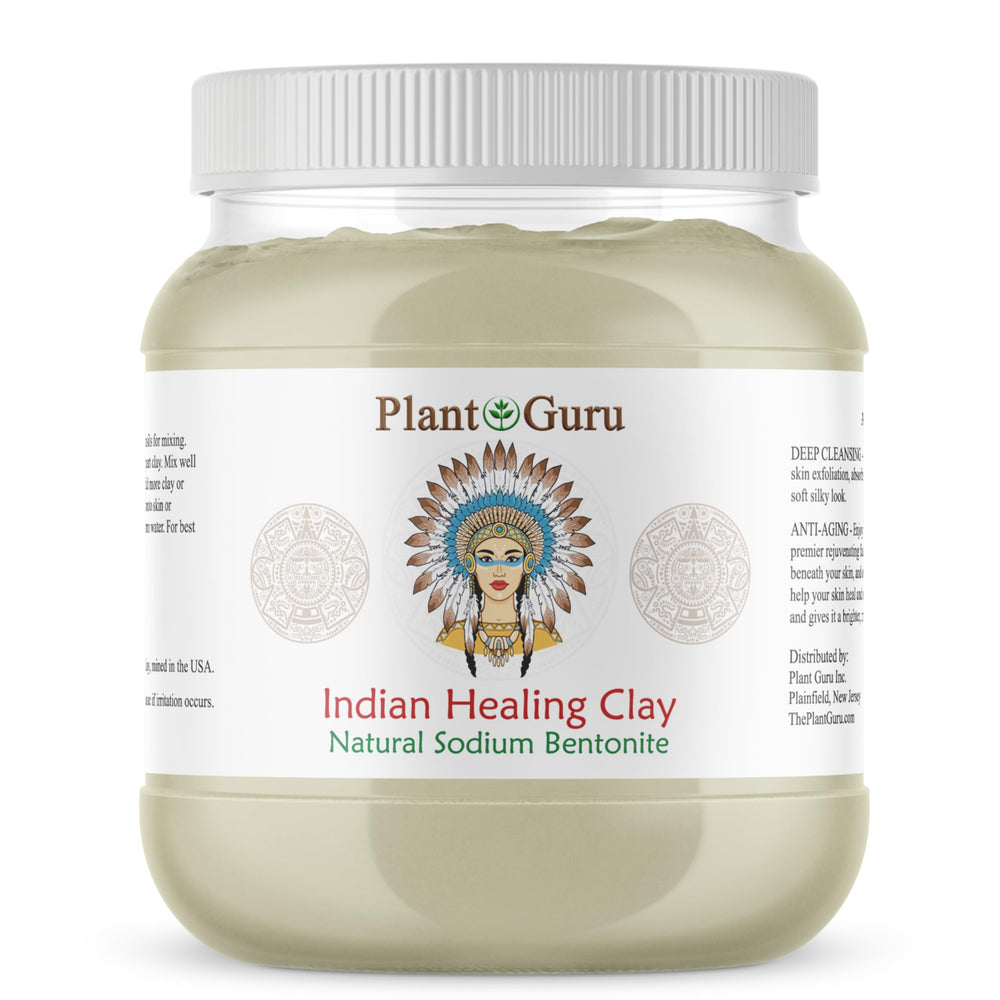 Plant Guru Sodium Bentonite clay powder packaging in a bulk jar for detoxifying skin.