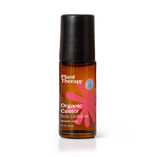 Plant Therapy Castor Oil Roll-On bottle closeup shows pure, hexane-free formula.