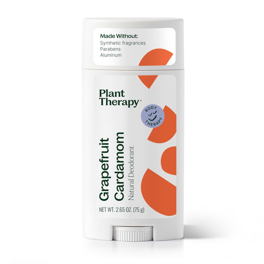 Plant Therapy grapefruit-cardamom deodorant packaging highlighting eco-friendly container